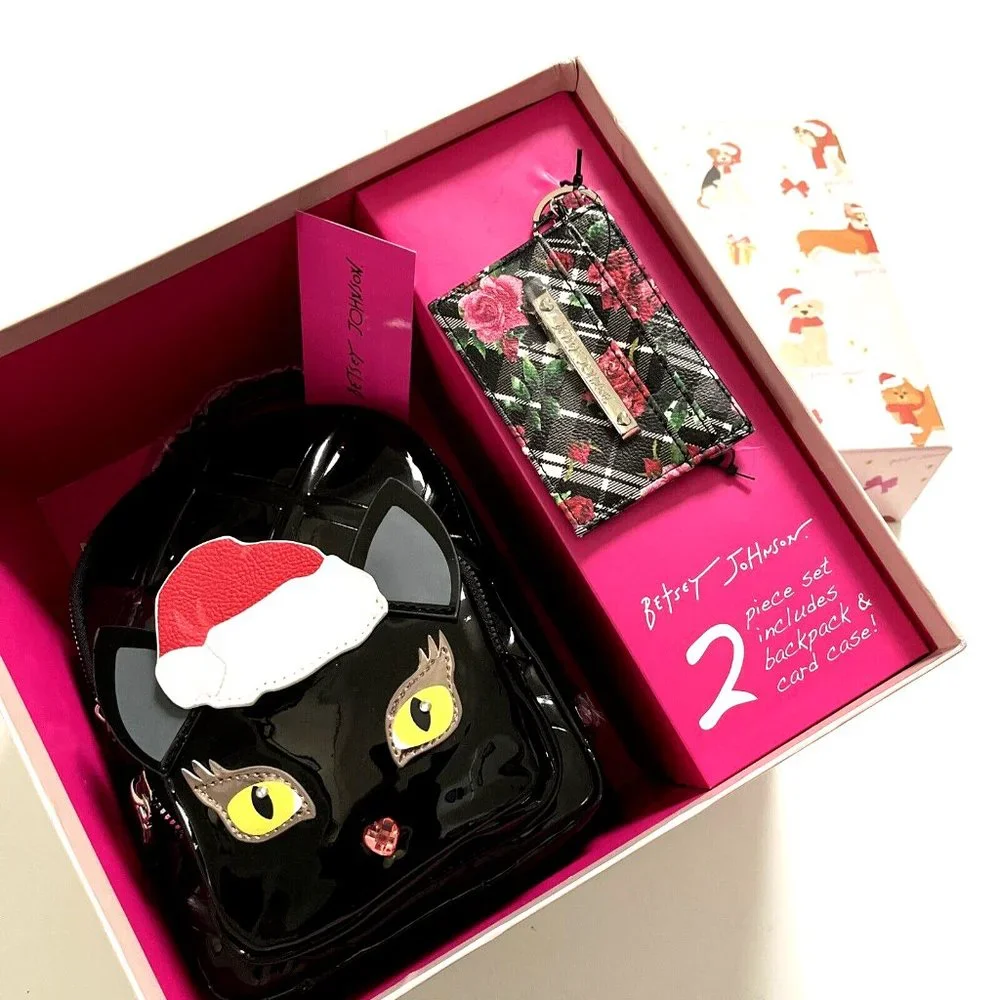 NWT Betsey Johnson 2pc Black Patent Cat Backpack & Floral Card Case Gift Set - Picture 1 of 8